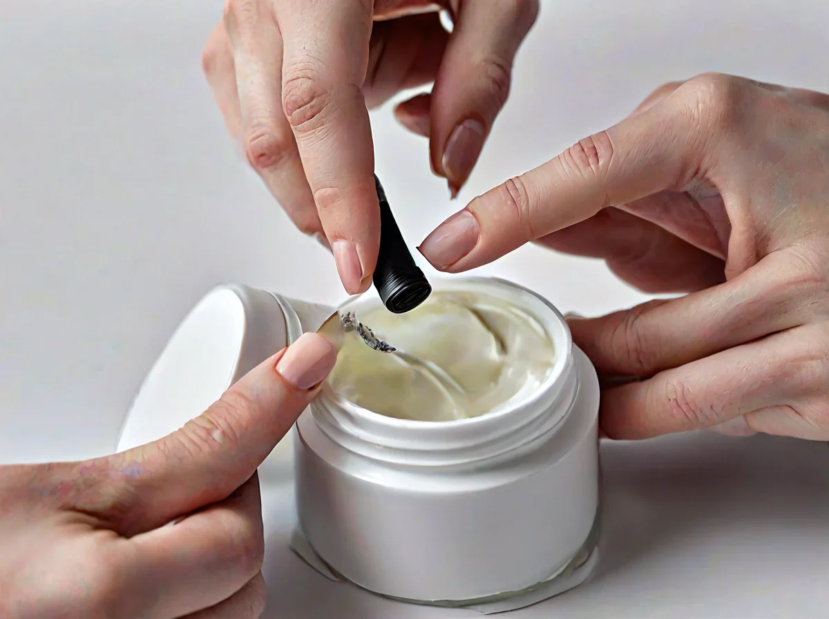 Dos manos están desmontando el tapón de vis negro de un frasco de crema cosmética blanco.