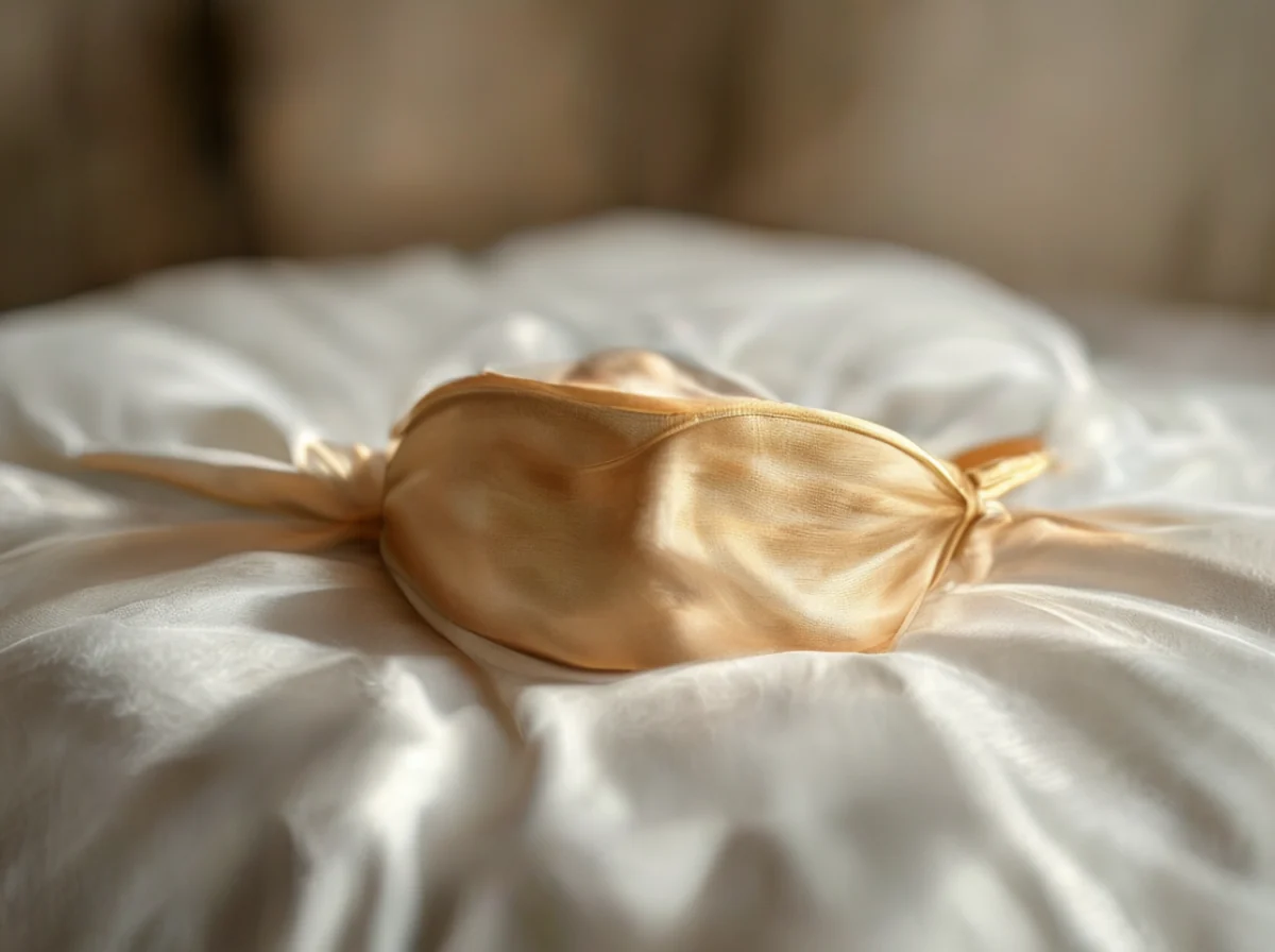 Masque oeil en soie posé sur un coussin, doux et lisse